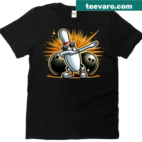 Cartoon t-shirt with a dabbing bowling pin wearing sunglasses