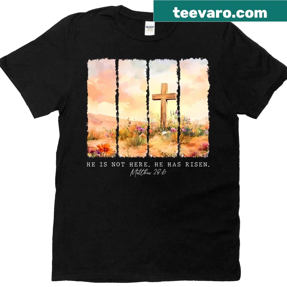 Easter shirt featuring wildflowers and the phrase 'He Is Risen' — on a men's t-shirt