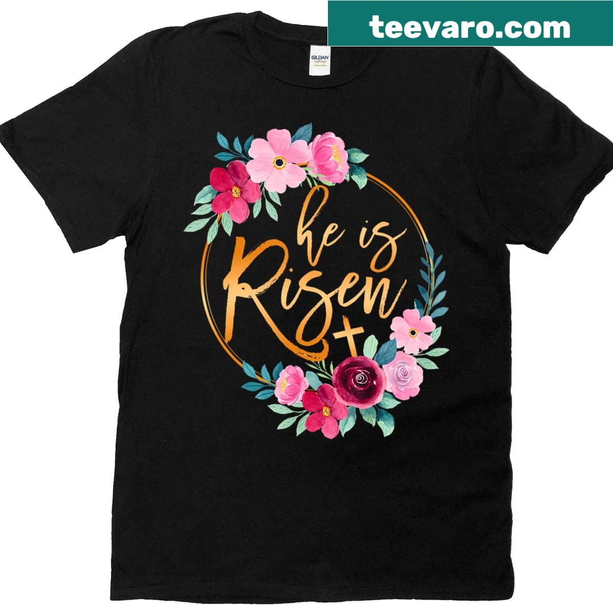 Floral wreath with 'He is Risen' quote on T-shirt — on a men's t-shirt