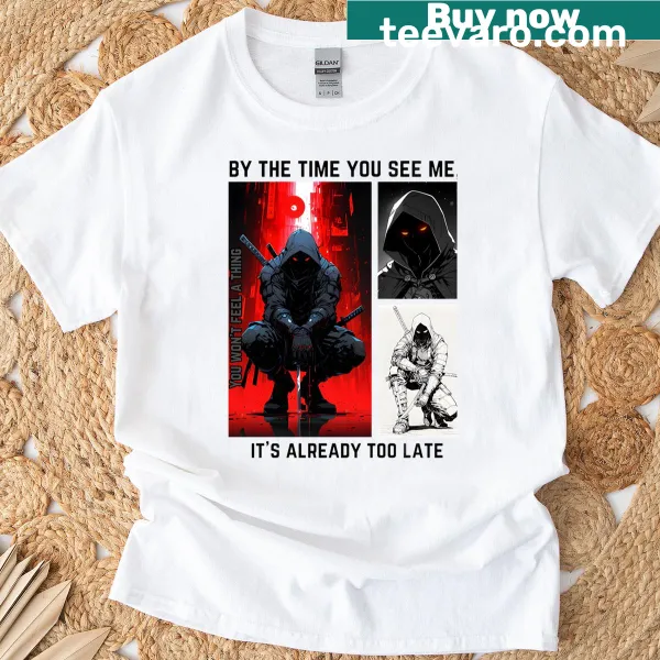 Bold assassin-themed graphic on a casual t-shirt