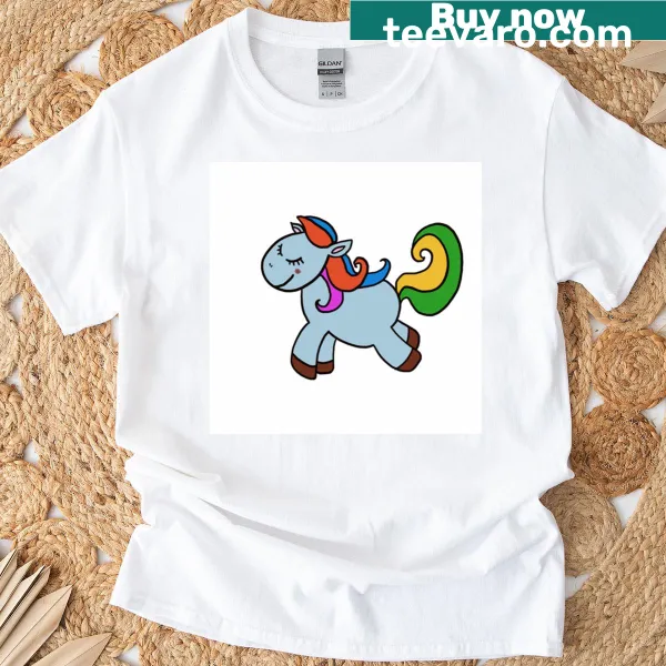 Cartoon graphic of a blue unicorn on T-shirt