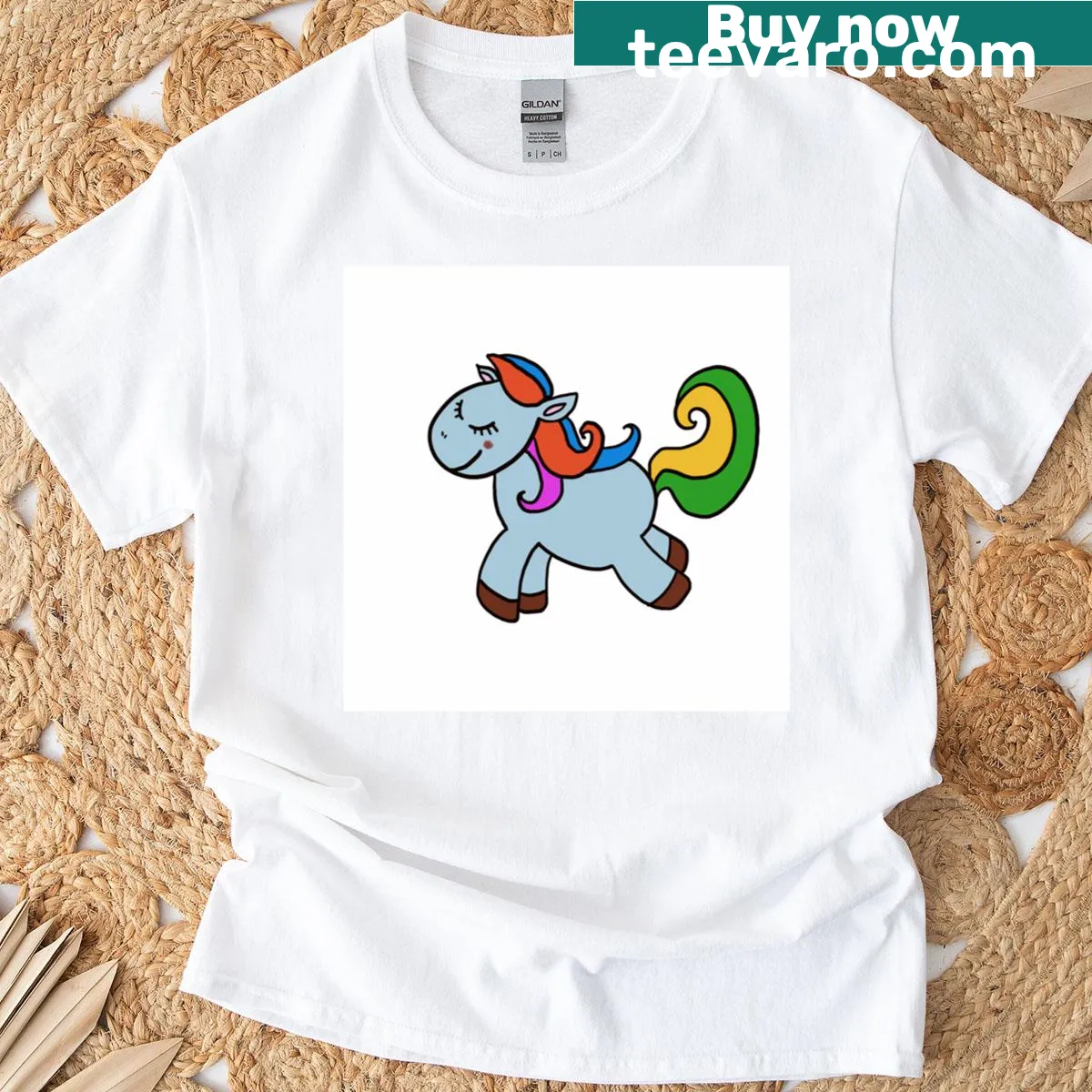 Cartoon graphic of a blue unicorn on T-shirt — on a men's t-shirt