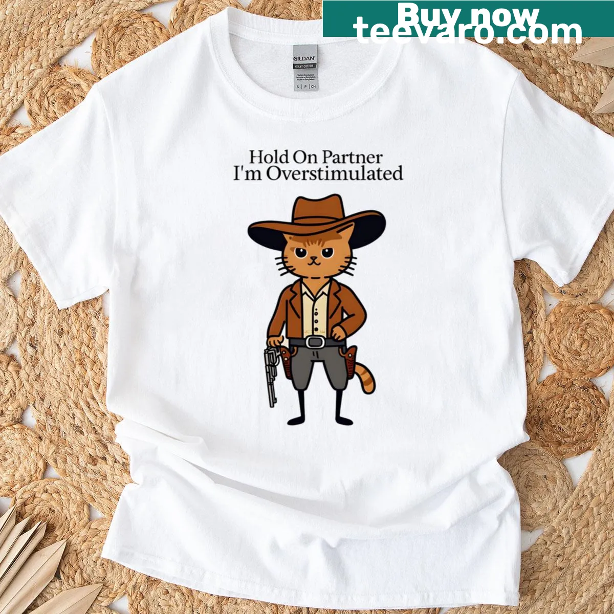 Illustrated t-shirt featuring a cowboy cat with hat and boots — on a men's t-shirt