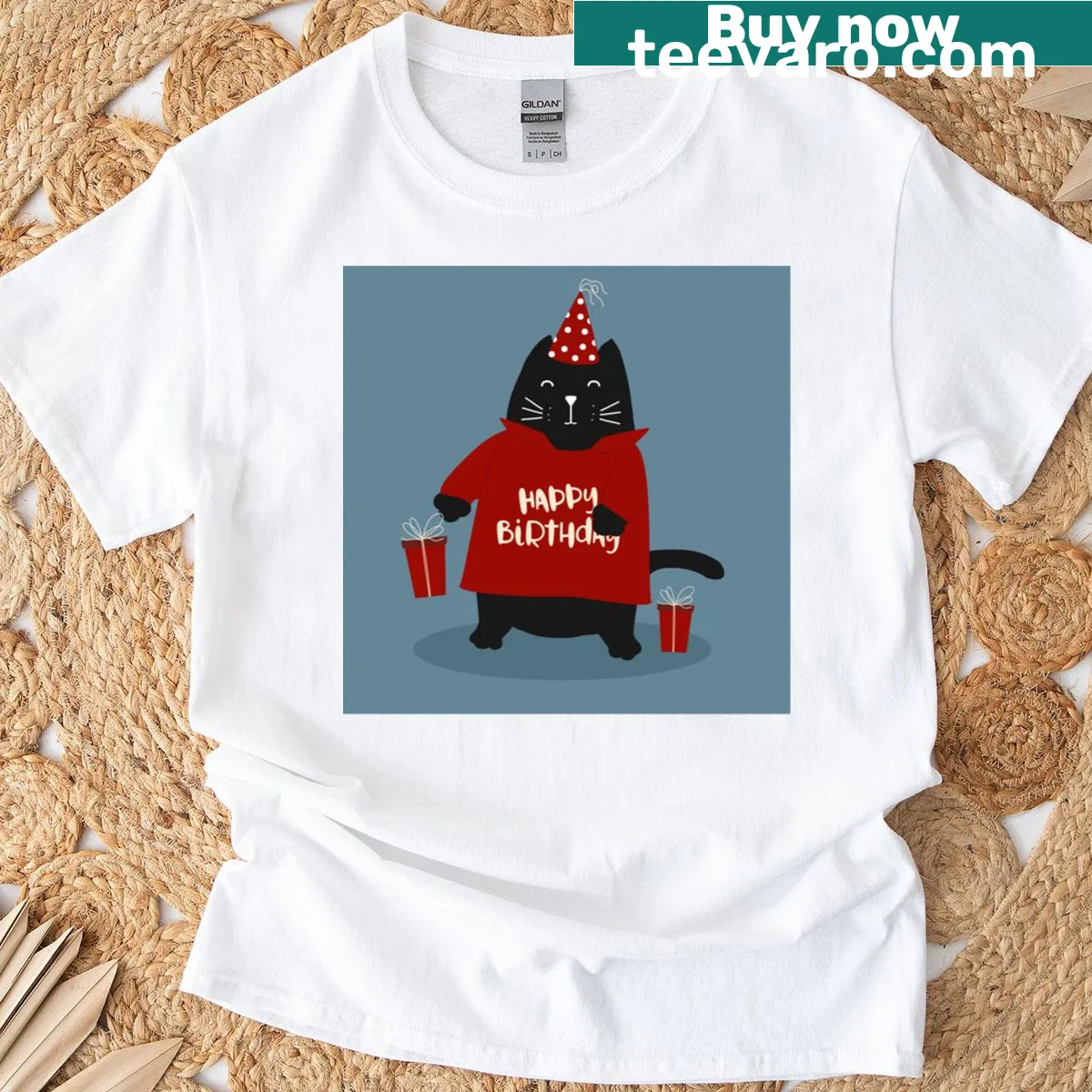 Cute black cat with birthday elements, flat design T-shirt — on a men's t-shirt
