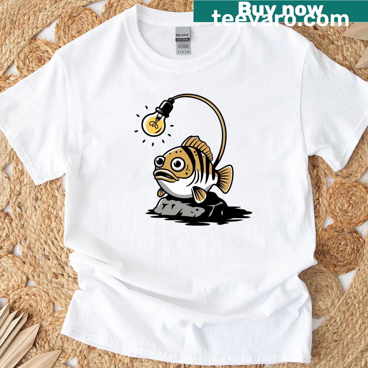 Funny cartoon anglerfish with a lightbulb on a T-shirt — on a men's t-shirt