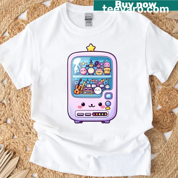Vintage-style t-shirt featuring a music vending machine graphic.
