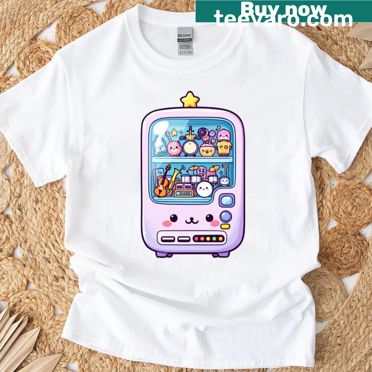 Vintage-style t-shirt featuring a music vending machine graphic. — on a men's t-shirt