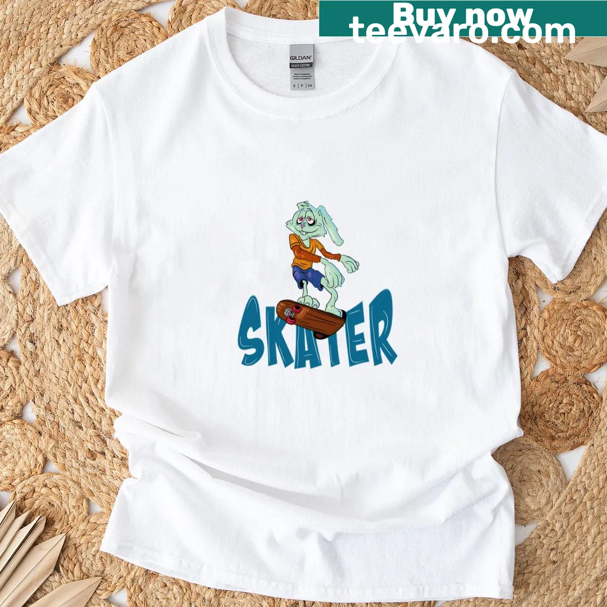 Cartoon rabbit on skateboard T-shirt for skaters — on a men's t-shirt