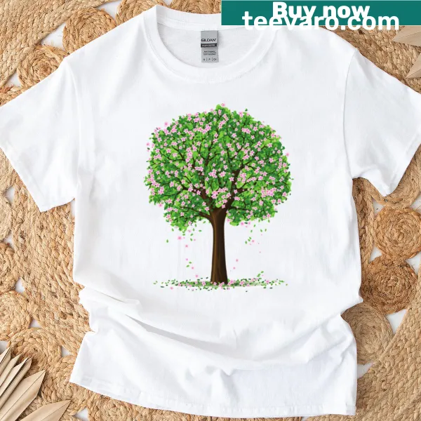 Illustrated blooming tree graphic on a spring-themed T-shirt