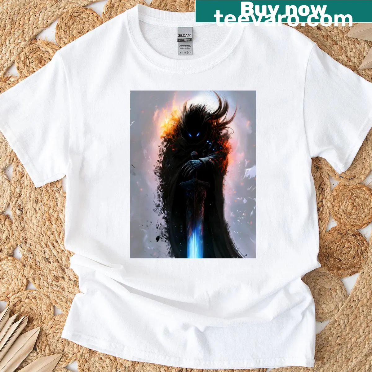 Dark design featuring a classic sword figure — on a men's t-shirt