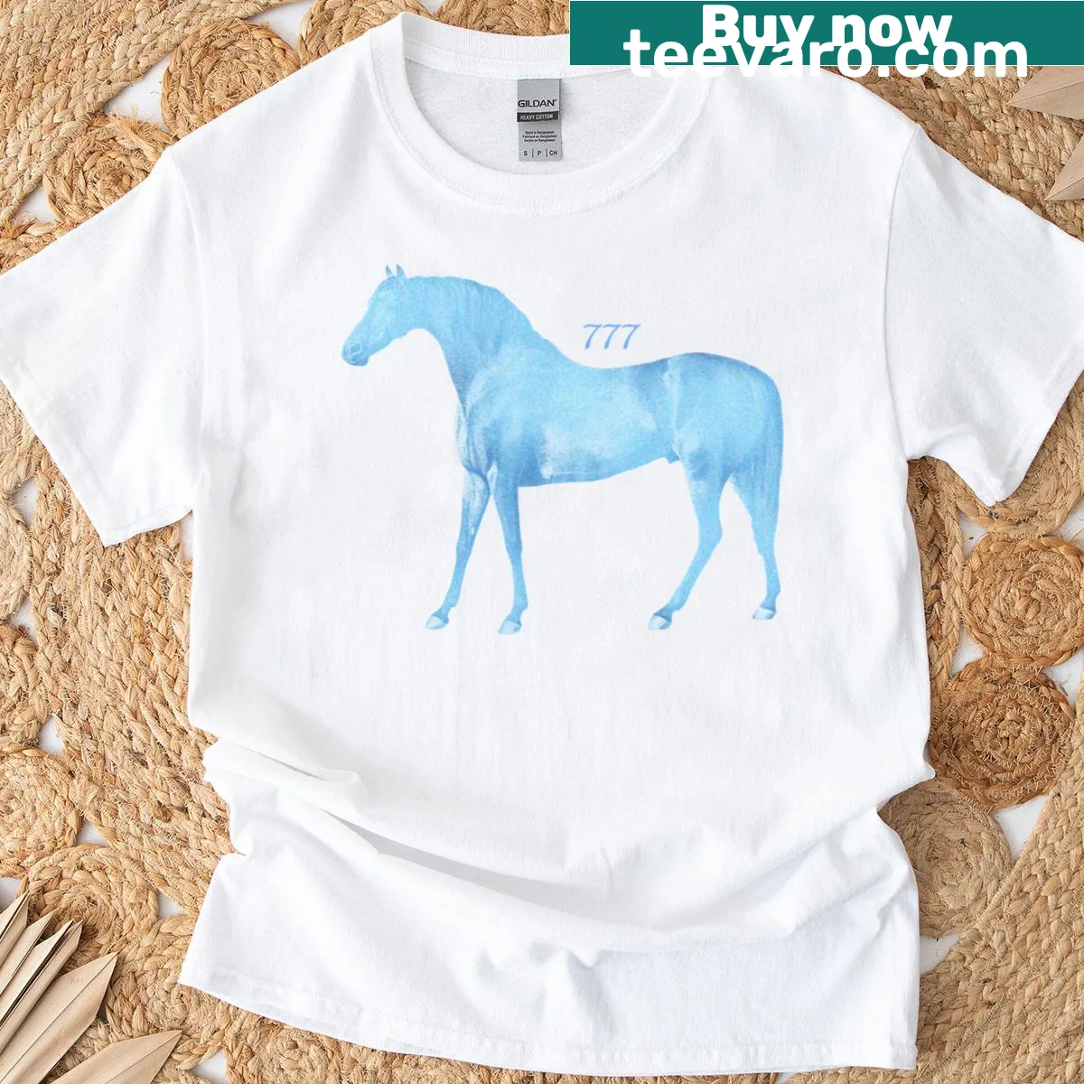 Stylish horse graphic with the number 777 for horse lovers — on a men's t-shirt