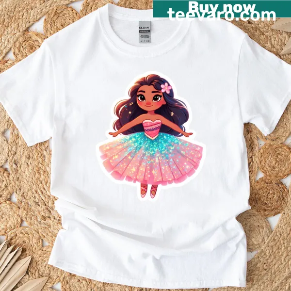Playful t-shirt design featuring Moana and ballet elements.