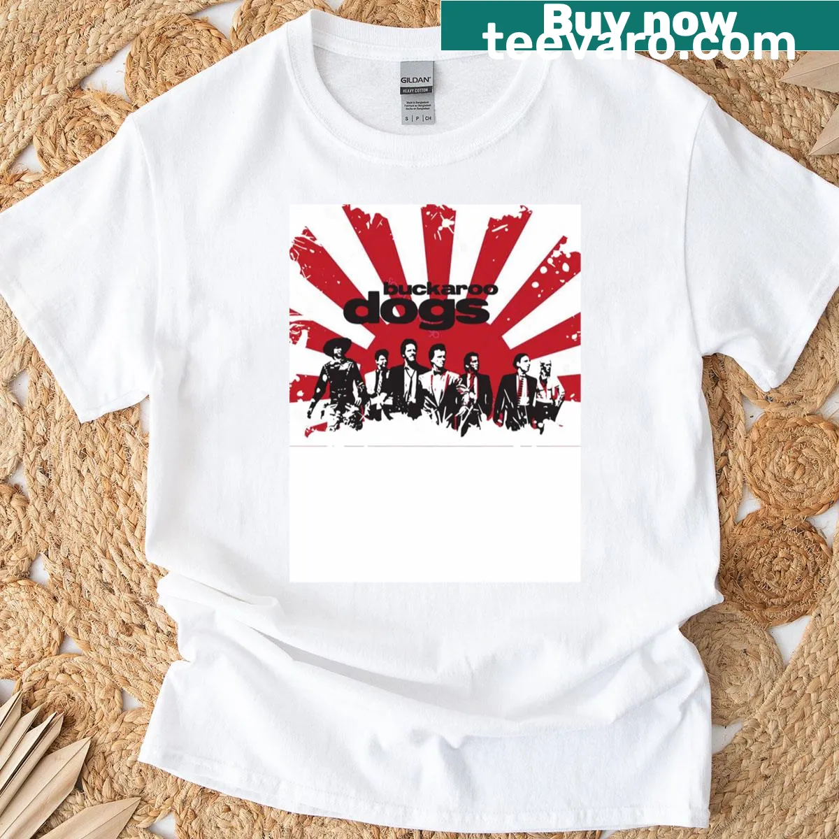 Whimsical Buckaroo Dogs graphic on a classic T-shirt. — on a men's t-shirt