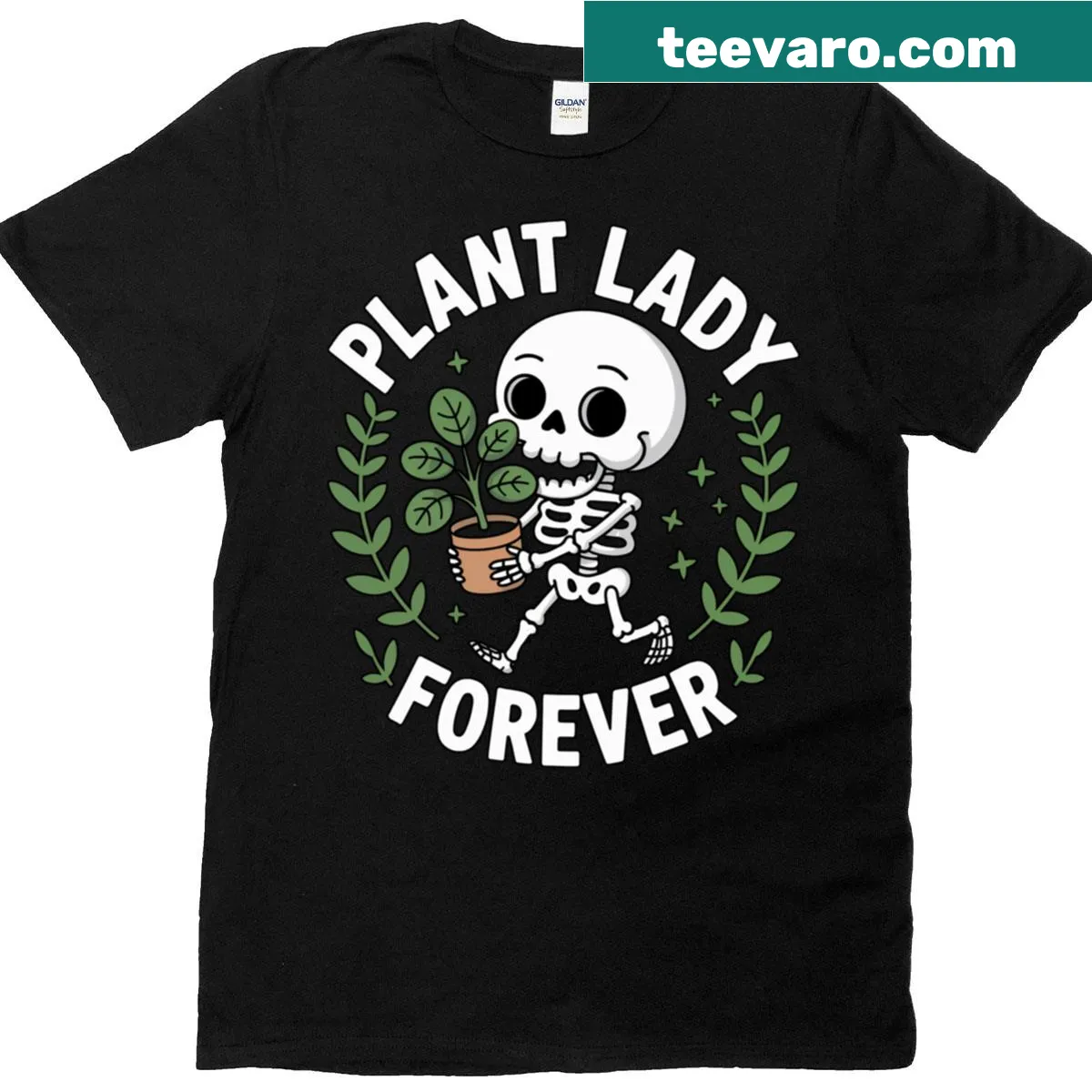 Monstera plant and cute skeleton illustration on T-shirt — on a men's t-shirt