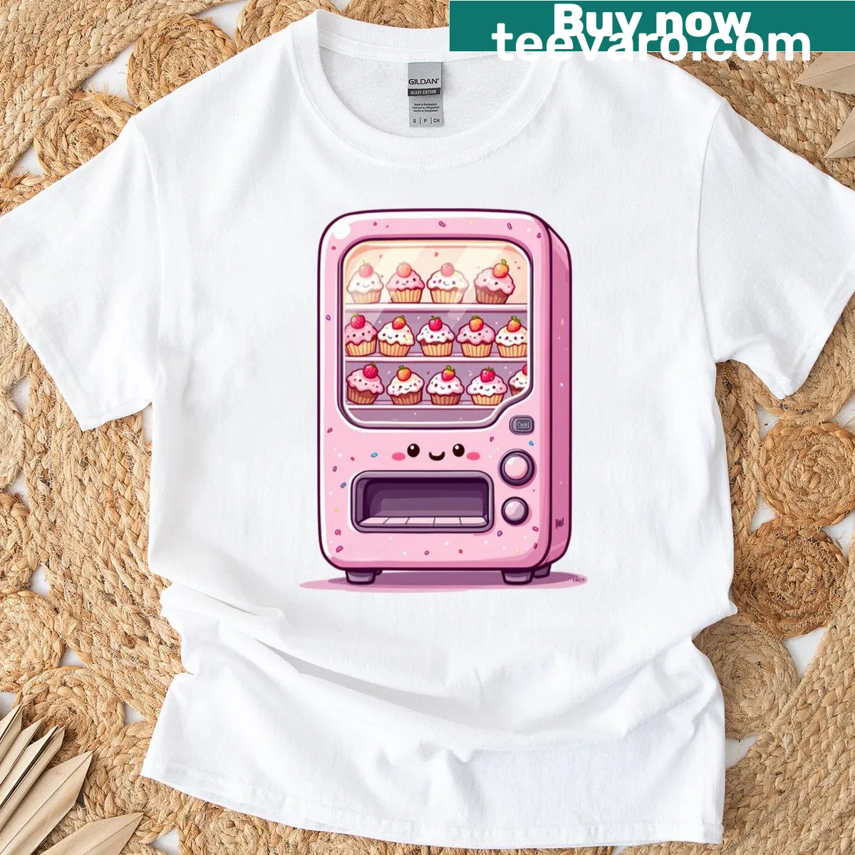 Cartoon t-shirt featuring a vending machine filled with cupcakes — on a men's t-shirt