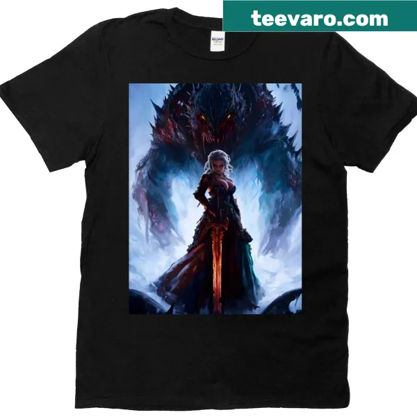 Illustration of a warrior with a dragon on a classic T-shirt