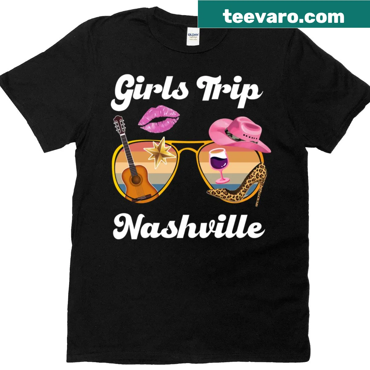 Nashville-themed graphic t-shirt with sticker design — on a men's t-shirt