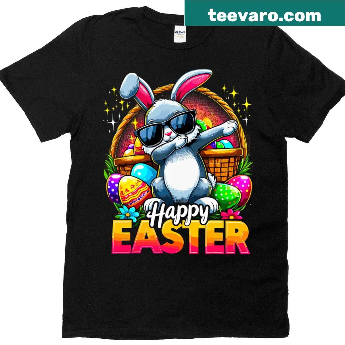 T-shirt featuring a dabbing bunny for Easter — on a men's t-shirt