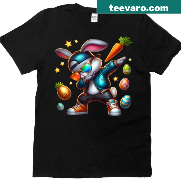 Cartoon dabbing Easter Bunny graphic on a kids' t-shirt