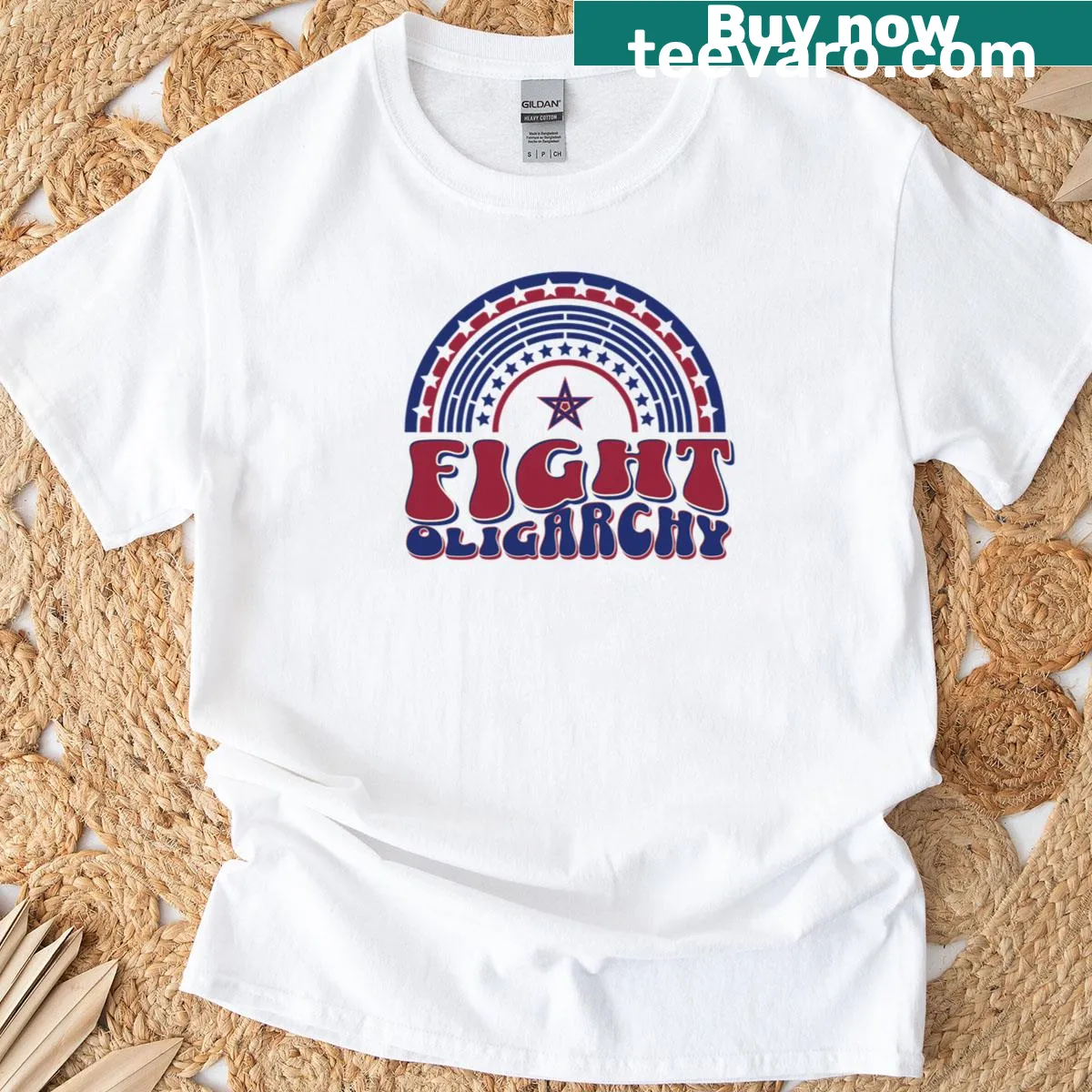 Bold typography T-shirt promoting democracy and opposing oligarchy — on a men's t-shirt