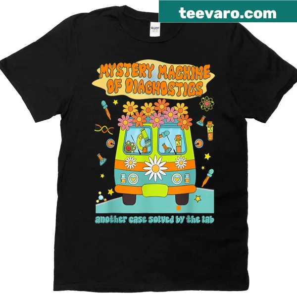 Playful Mystery Machine graphic for lab techs on a t-shirt
