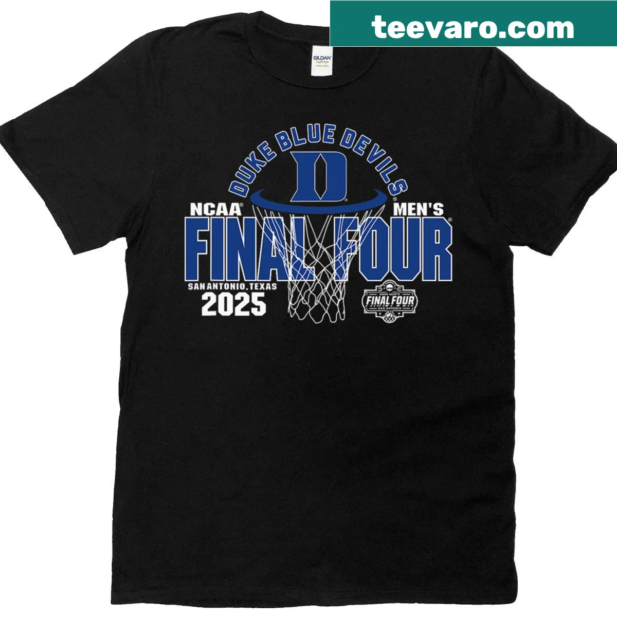 T-shirt featuring Duke Blue Devils Final Four basketball net design. — on a men's t-shirt