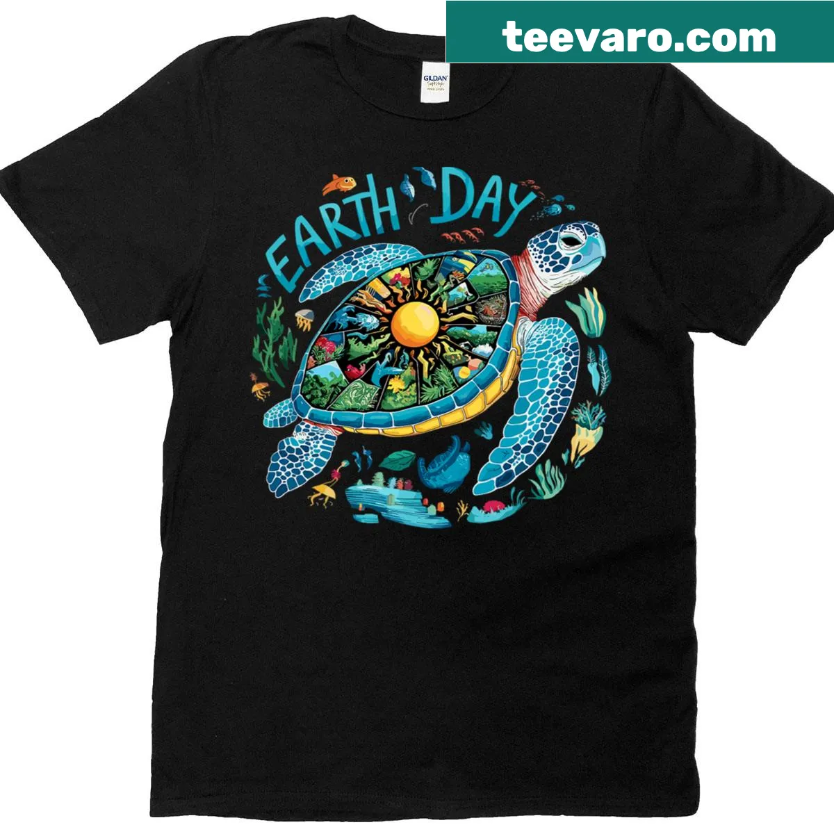 Illustration of a sea turtle promoting Earth Day and environmental conservation — on a men's t-shirt