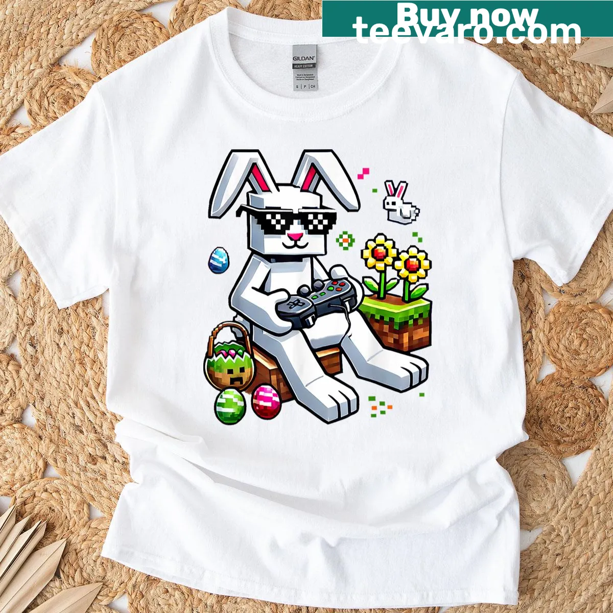 Colorful T-shirt featuring Easter Bunny and gaming theme — on a men's t-shirt