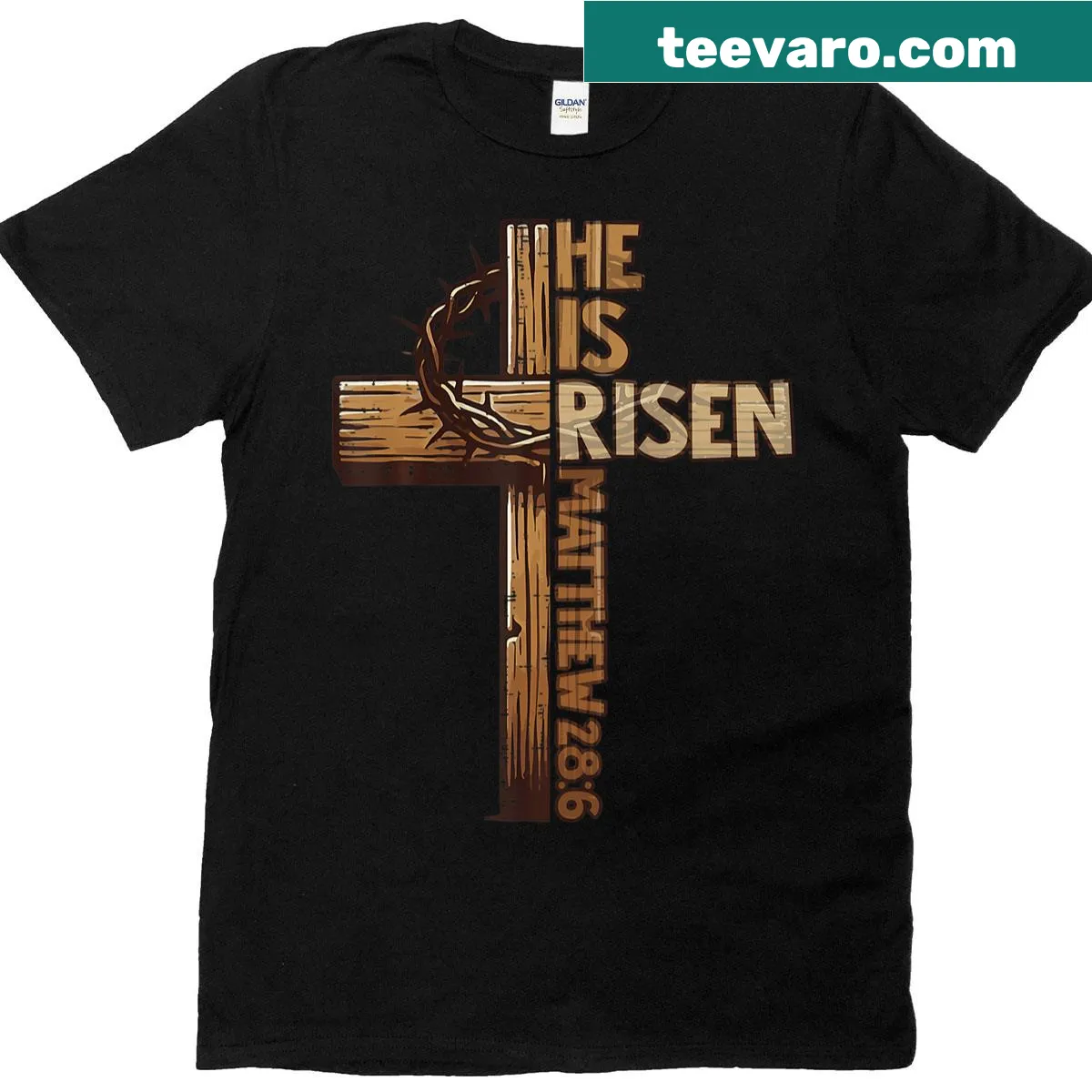He Is Risen cross design on Christian Easter T-shirt — on a men's t-shirt