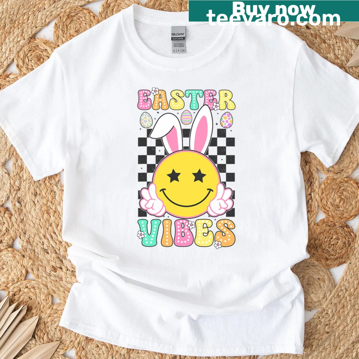 Groovy bunny smile face illustration on a women's Easter t-shirt — on a men's t-shirt