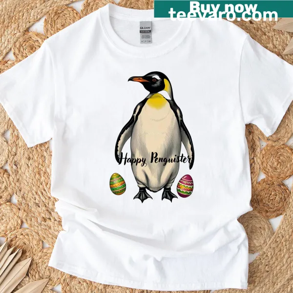 Adorable happy penguin graphic on a kids' Easter t-shirt