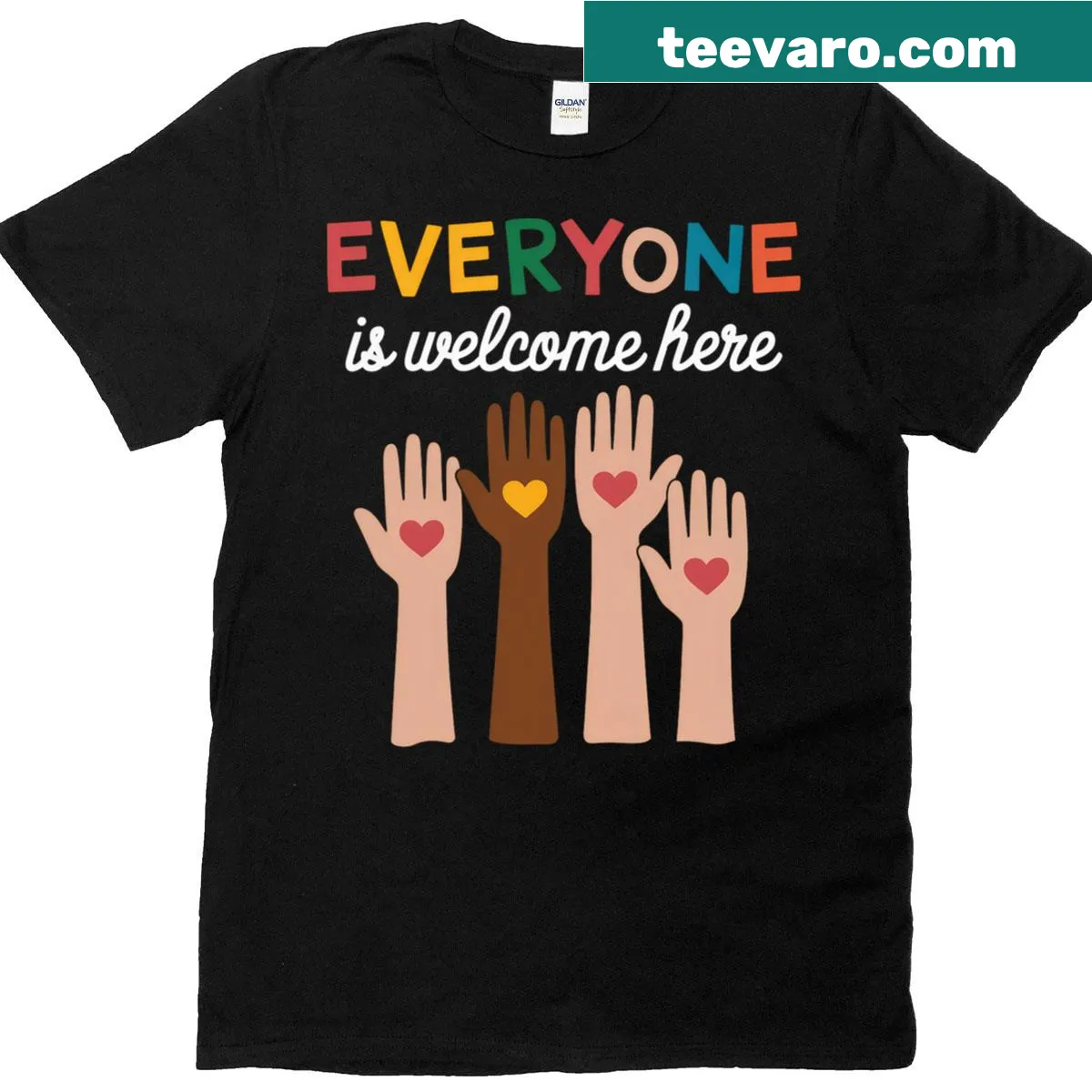 Inclusive teacher shirt with 'Everyone Is Welcome Here' message — on a men's t-shirt