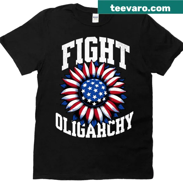 Patriotic shirt with 'Fight Oligarchy, Defend Democracy' text and American flag