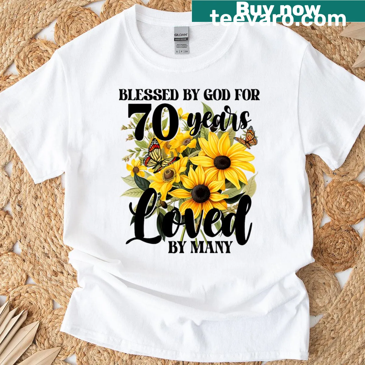 70th birthday T-shirt with sunflower graphic and sentimental text — on a men's t-shirt