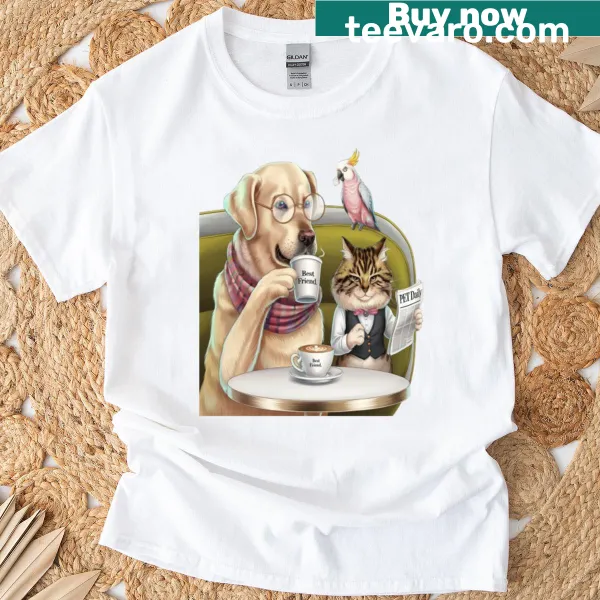 Illustrations of golden retriever, Maine coon, and cockatoo on a t-shirt
