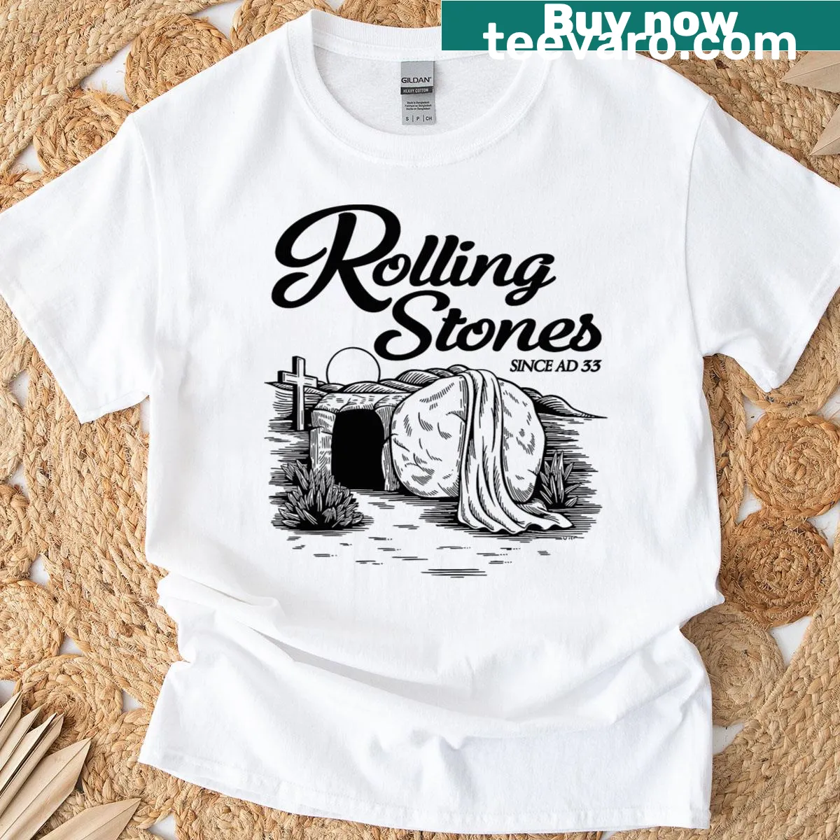 T-shirt with 'He Is Alive' and a rolled stone graphic — on a men's t-shirt