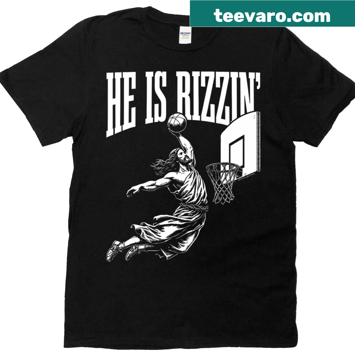 Funny Easter shirt with basketball meme and 'He Is Rizzin' text — on a men's t-shirt