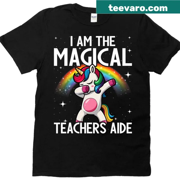 Playful unicorn t-shirt for teachers aides with dabbing design