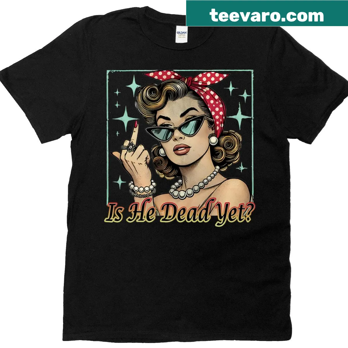 Graphic t-shirt with the phrase 'Is He Vintage Dead Yet' — on a men's t-shirt