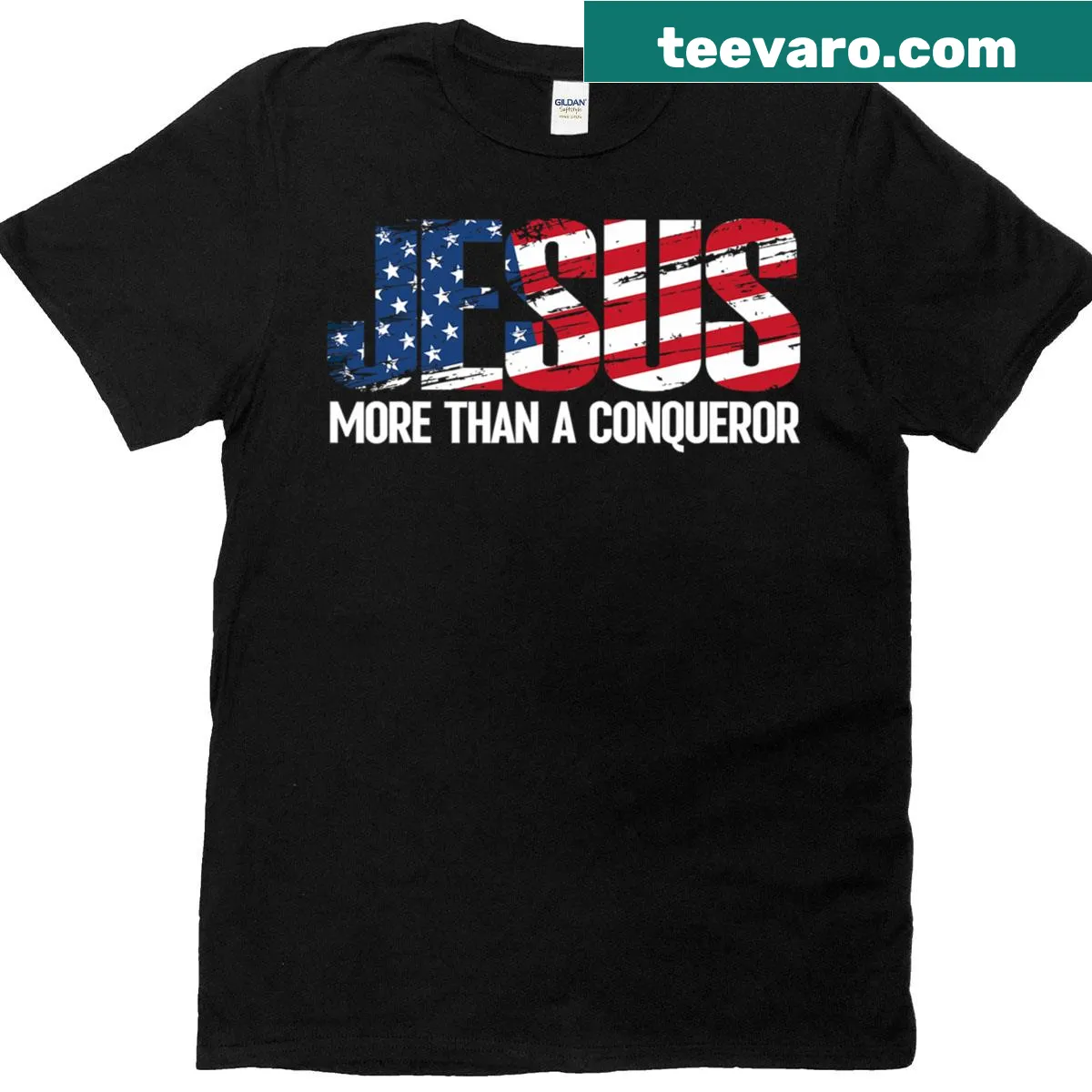 Inspirational shirt with the phrase 'Jesus More Than A Conqueror' — on a men's t-shirt