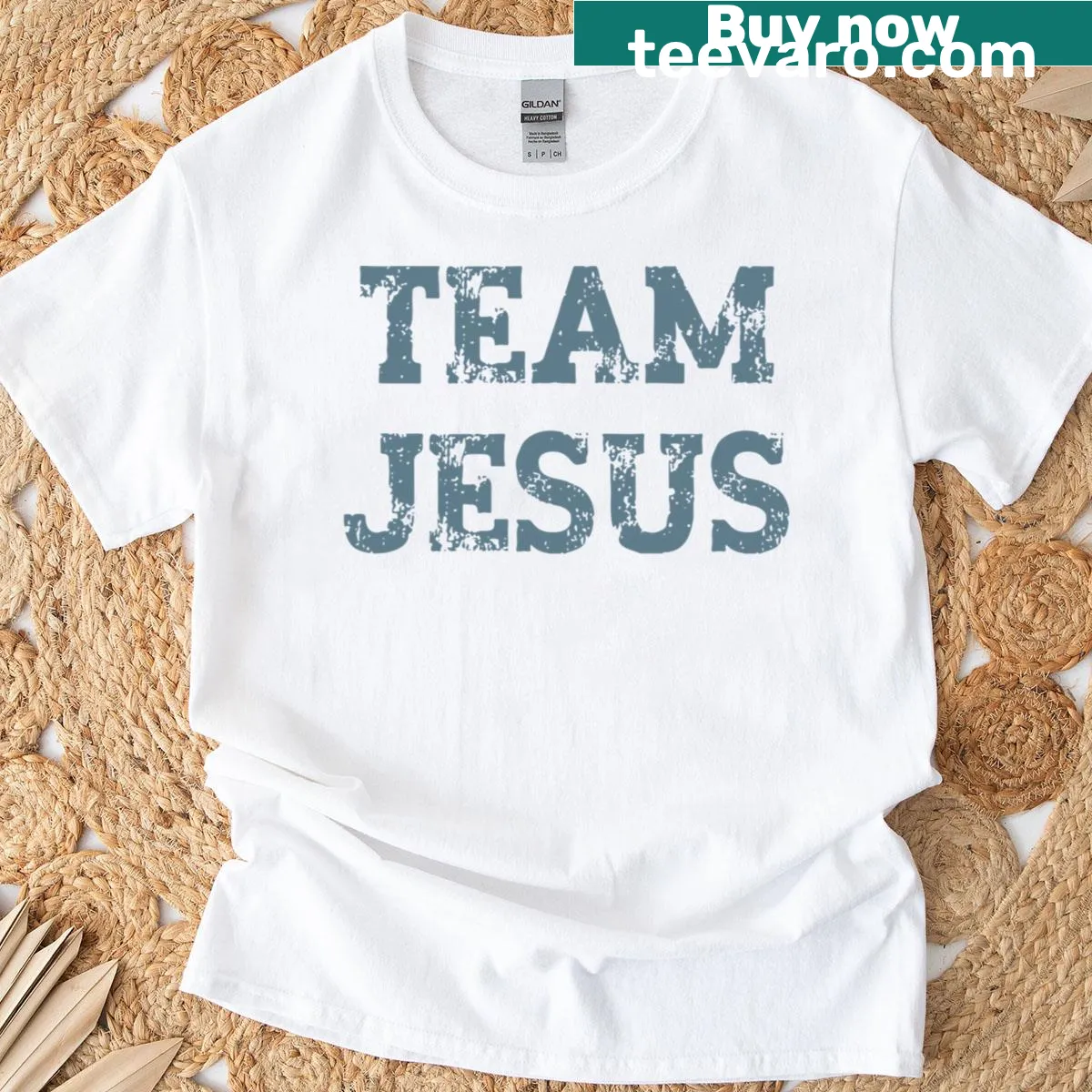 T-shirt featuring 'Jesus Team' text on a white background — on a men's t-shirt