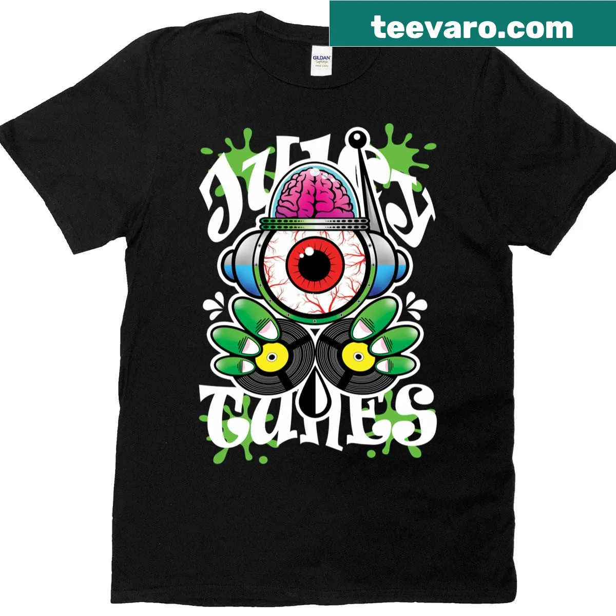 T-shirt with the phrase 'Juicy Tunes' in playful typography — on a men's t-shirt