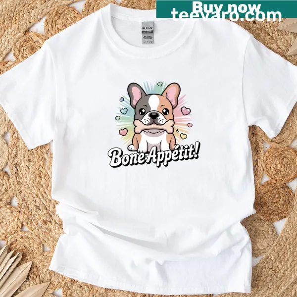 Cute T-shirt with a cartoon French Bulldog and Bone Apptit text