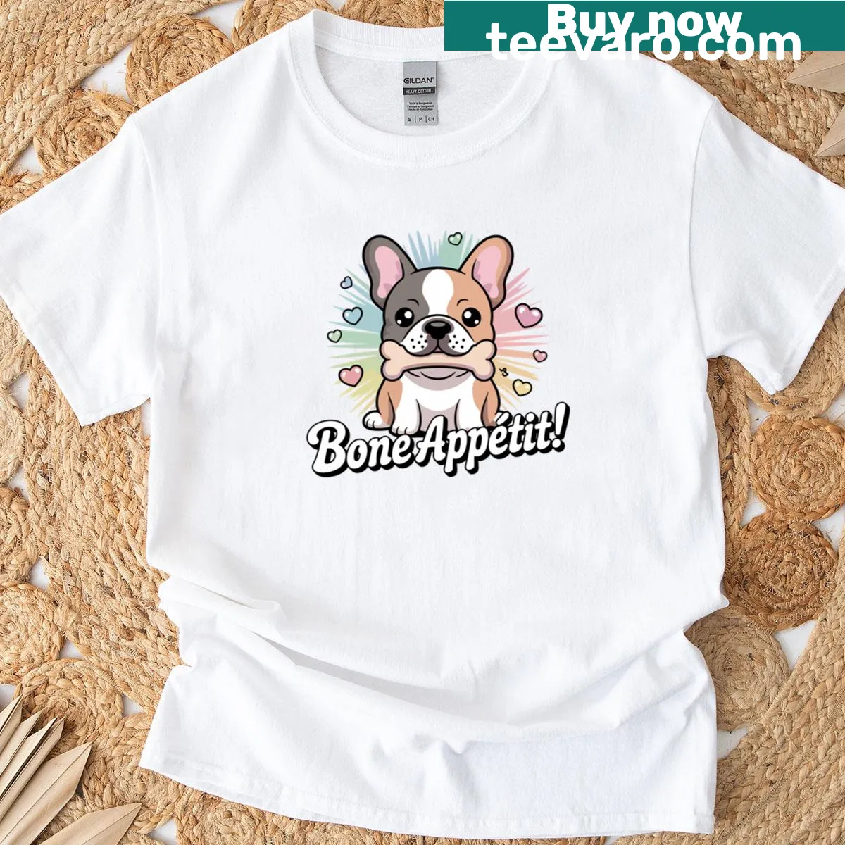Cute T-shirt with a cartoon French Bulldog and Bone Apptit text — on a men's t-shirt