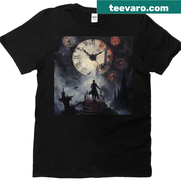 Illustrated T-shirt featuring classic timepieces and gears design