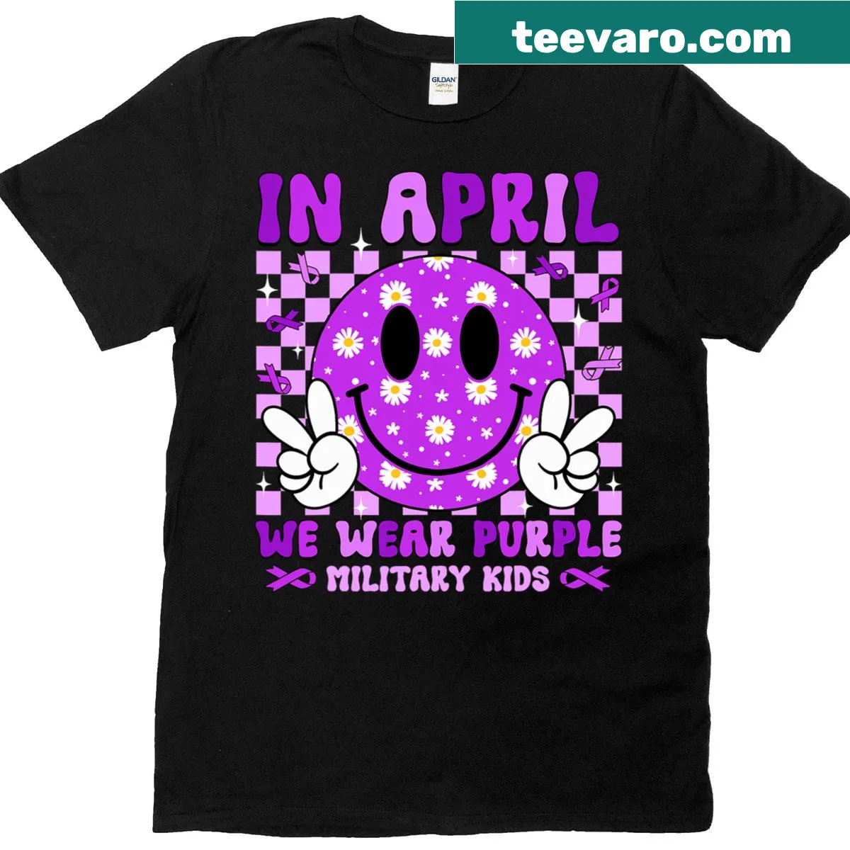 Purple smiley face graphic with text 'We Wear Purple For April' on t-shirt — on a men's t-shirt