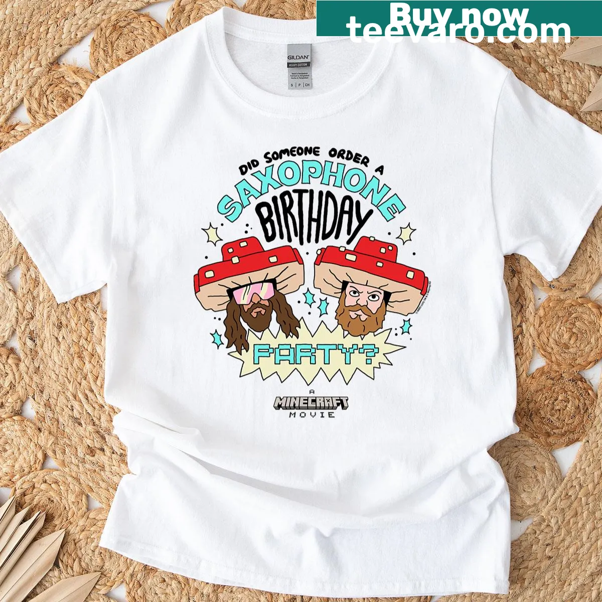Saxophone graphic with Minecraft elements for a birthday t-shirt — on a men's t-shirt