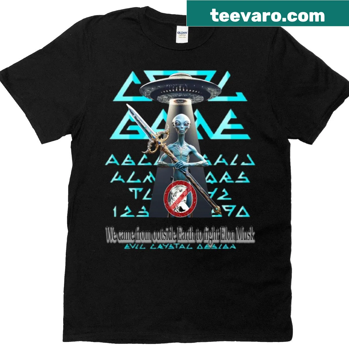 T-shirt with bold text saying 'No Elon!' in a circular design — on a men's t-shirt