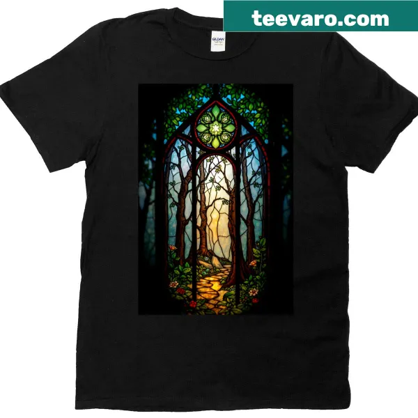 Stained glass t-shirt featuring a path into an enchanted forest.