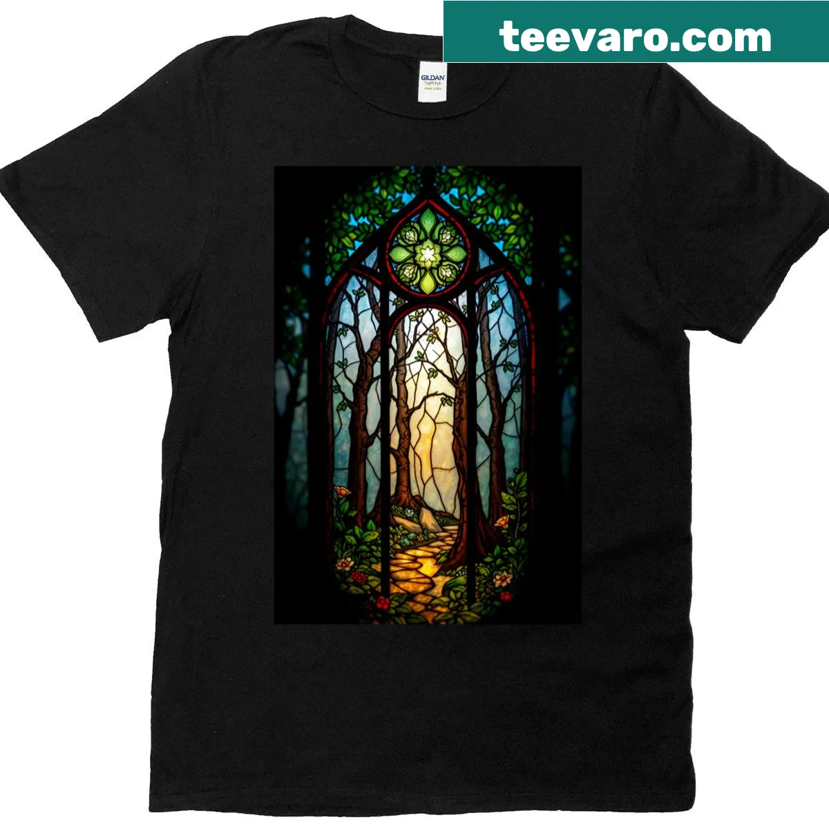 Stained glass t-shirt featuring a path into an enchanted forest. — on a men's t-shirt